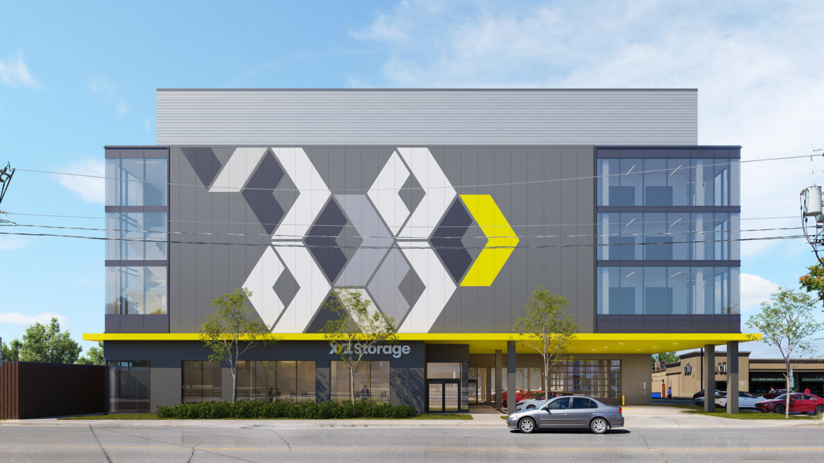 Rendering of XYZ Storage's new facility on Dundas Street West in Toronto, featuring a modern design with ample storage units.
